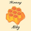 Honey. Vector drawing and hand-lettering. In English and Russian texts.