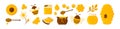 Honey vector set, bee and jar, flowers, honeycomb and pot icons. Cartoon gold illustration Royalty Free Stock Photo