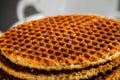 honey waffles closeup and coffe cup