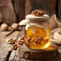 Honey with walnuts in jar Royalty Free Stock Photo