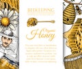 Honey waxing bee and beehive flyer. Poster organic honey and apiary, beehive and chamomile dessert nutrition vector