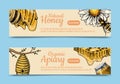 Honey waxing bee and beehive flyer. Poster organic honey and apiary, beehive and chamomile dessert nutrition vector