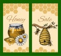 Honey waxing bee and beehive sale flyer. Poster organic honey and apiary, beehive and chamomile dessert nutrition vector