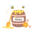 Honey wooden barrel with bees, flowers, and dipper. Isolated illustration for honey label, products, package design