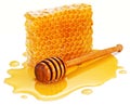 Honey wooden dipper (stick) in plash of honey with honey comb on a white background.