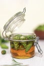 Honey and young green pine cones in an open glass jar on a light wooden table Royalty Free Stock Photo