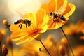 Honeybee and cosmos flower in the garden. Selective focus. Bees flying over a beautiful yellow flower, AI Generated