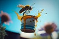 Honeybee flies yesterday carrying a barrel of water in the air. Generative AI