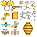 Honeybee and flowers apiary vector icon set.