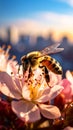 Honeybee gathering pollen from a light pink flower in spring with an abstract sky background Royalty Free Stock Photo