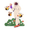 Honeybees fly, gather meadow flowers. Apiarist in protective suit walks with bees, collects plants, holds posy