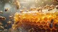 Honeybees on a honeycomb with glistening honey. Macro shot of bees at work on a hive. Concept of apiculture, natural