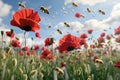 Honeybees flying above a red poppy field, AI generated