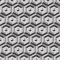 Honeycomb background. 3D mosaic. Black and white grainy dotwork design. Pointillism pattern. Stippled vector illustration