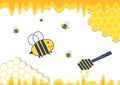 Honeycomb beehive with hexagon grid cells and flying bees cartoon with liquid honey dipper Royalty Free Stock Photo