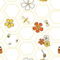 In the Honeycomb Bees and flowers seamless pattern Vector on white honey comb background. Royalty Free Stock Photo