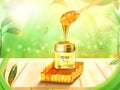Honeycomb and Bottle honey on wooden floor with leaves and forest background
