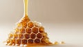 Honeycomb dripping with golden honey showcasing its intricate hexagonal structure