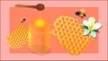 The honeycomb is filled with golden sweet honey, a jar of thick golden honey. Bees are flying around