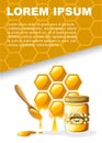 Honeycomb with honey in transparent glass jar, wooden spoon. Flat vector illustration. Place for text on abstract honeycomb