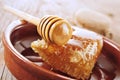 Honeycomb with honey on a wooden surface