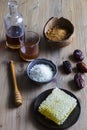 Honeycomb with maple syrup, sugar, dates, coconut and sugar Royalty Free Stock Photo