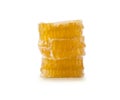 Honeycomb piece. Honey slice isolated on white background. Yellow Honeycomb slice closeup isolated on white. Honey cell slice isol