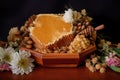 honeycomb pieces in wooden bowl surrounded by flowers