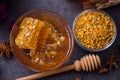 Honeycomb, pollen, propolis, honey on the table Royalty Free Stock Photo