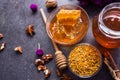 Honeycomb, pollen, propolis, honey on the table top view