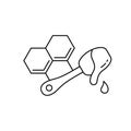 Honeycomb with spoon and dripping honey. Linear icon for packaging design. Black simple illustration. Contour isolated vector