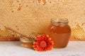 Honeycomb in a wooden frame decorated with sunflower and glass jar of honey on a wooden background
