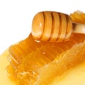 Honeycomb with Wooden Honey Dipper, isolated on white background Royalty Free Stock Photo