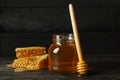 Honeycombs, jar with honey and dipper Royalty Free Stock Photo