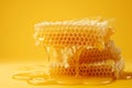 Honeycombs with sweet golden honey on yellow background