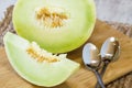 Honeydew Melon Slice With Spoons On Cutting Board Royalty Free Stock Photo