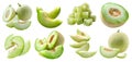 Honeydew muskmelon melon fruit, many angles and view side top front cluster stalk group cut isolated on transparent, PNG