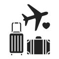 Honeymoon black glyph icon. Suitcases with airplane. Isolated vector element. Outline pictogram for web page, mobile app, promo