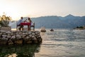 Honeymoon couple is having a private, romantic dinner at a tropical beach Royalty Free Stock Photo