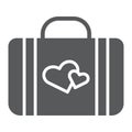 Honeymoon glyph icon, briefcase and love, baggage with hearts sign, vector graphics, a solid pattern on a white