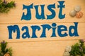 Honeymoon happy sign reading Just Married. Royalty Free Stock Photo