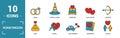 Honeymoon icon set. Include creative elements travel, just married, dinner, boar trip, cake icons. Can be used for report,