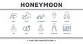 Honeymoon icons thin line set collection. Includes creative elements such as Travel, Photo, Just Married, Location, Couple,