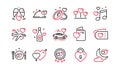 Honeymoon line icons set. Marriage rings, Wedding car, love. Bridal champagne, Valentine heart. Vector