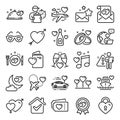 Honeymoon line icons. Wedding car, marriage rings, love. Bridal champagne, Valentine heart. Vector Royalty Free Stock Photo