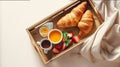 Honeymoon. Morning at the hotel. Flat lay breakfast tray in bed