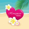 Honeymoon travel design on the beach with heart palm leaf and tropical frangipani flowers
