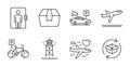 Honeymoon travel, Package box and Departure plane icons set. Parking security, Lighthouse and Elevator signs. Vector