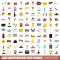 100 honeymoon trip icons set, flat style