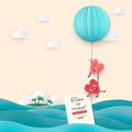 Honeymoon trip sea, Time to travel, pair of lovers hearts waves balloon, Paper cut vector